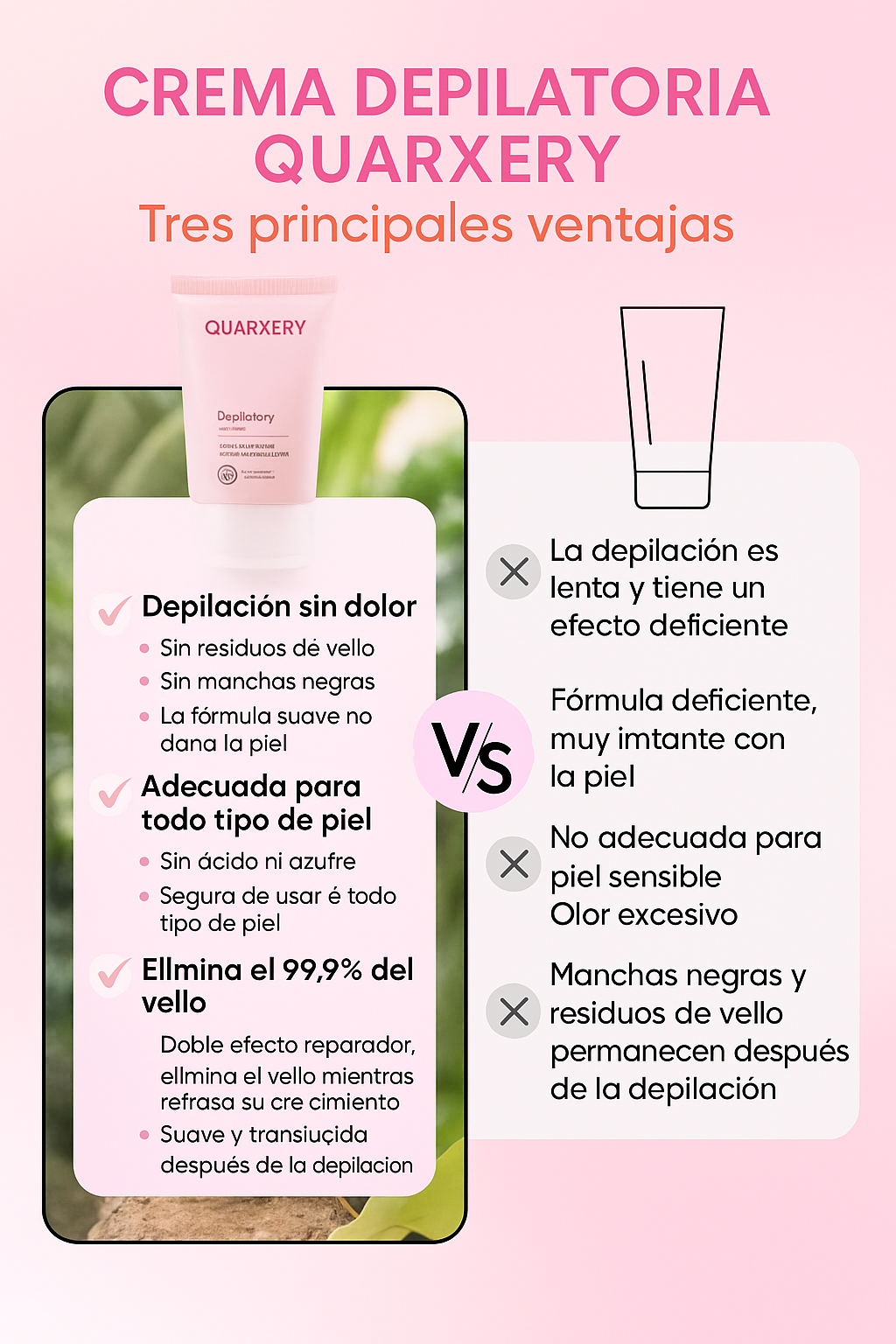 CREMA DEPILADORA QUARXERY - Piel sensible, cuerpo y zonas íntimas, sin dolor, rápida, 10 minutos (mujeres/hombres)