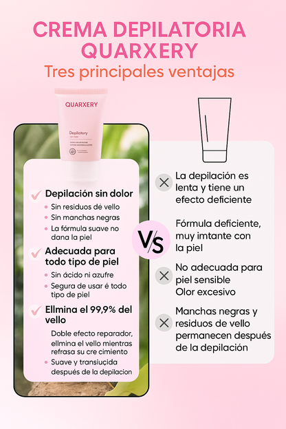 CREMA DEPILADORA QUARXERY - Piel sensible, cuerpo y zonas íntimas, sin dolor, rápida, 10 minutos (mujeres/hombres)